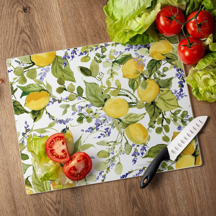 Tempered Glass Counter Saver/Cutting Board Watercolor Lemons 15" X 12" Multi - Diamond Home USA