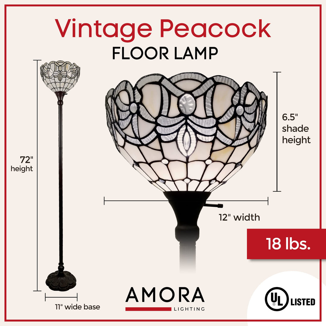 Amora Tiffany Floor Lamp Torchiere - Vintage Standing Light Floor Lamp - 72” White - Diamond Home USA