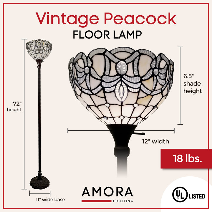 Amora Tiffany Floor Lamp Torchiere - Vintage Standing Light Floor Lamp - 72” White - Diamond Home USA