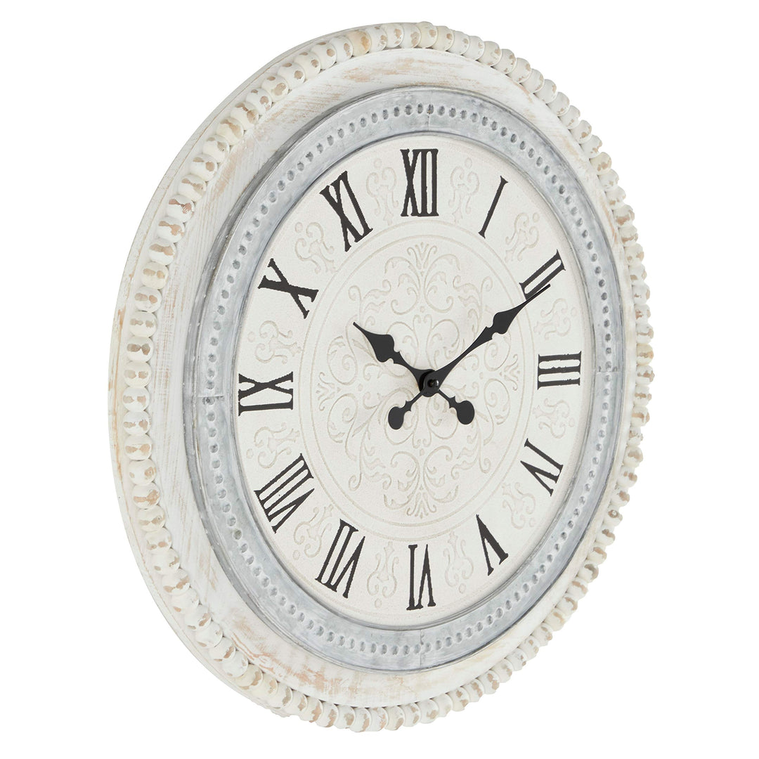 Round Distressed White and Grey Wood Wall Clock with Beaded Textured Rim " X - Diamond Home USA