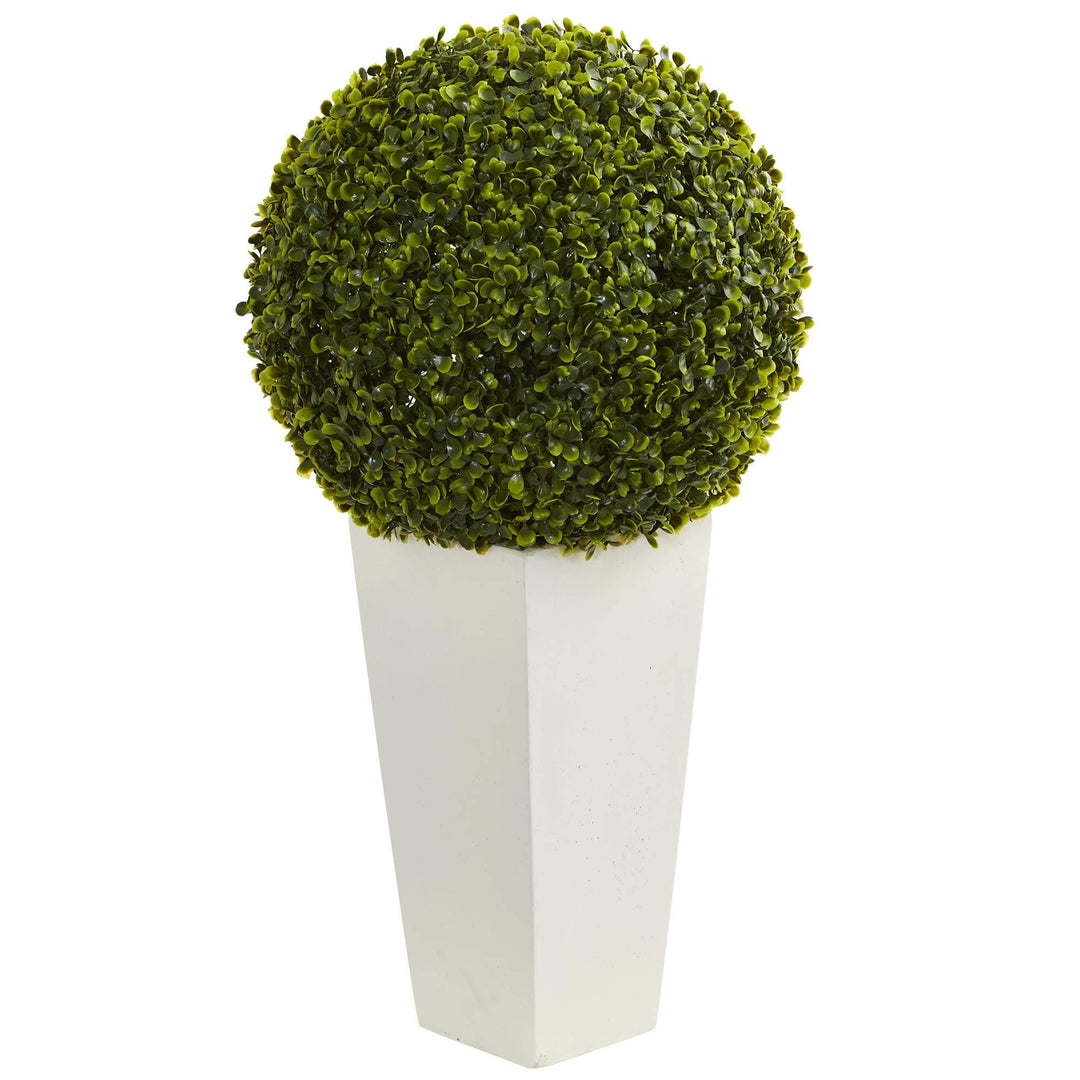 28" Boxwood Topiary Ball Artificial Plant in White Tower Planter