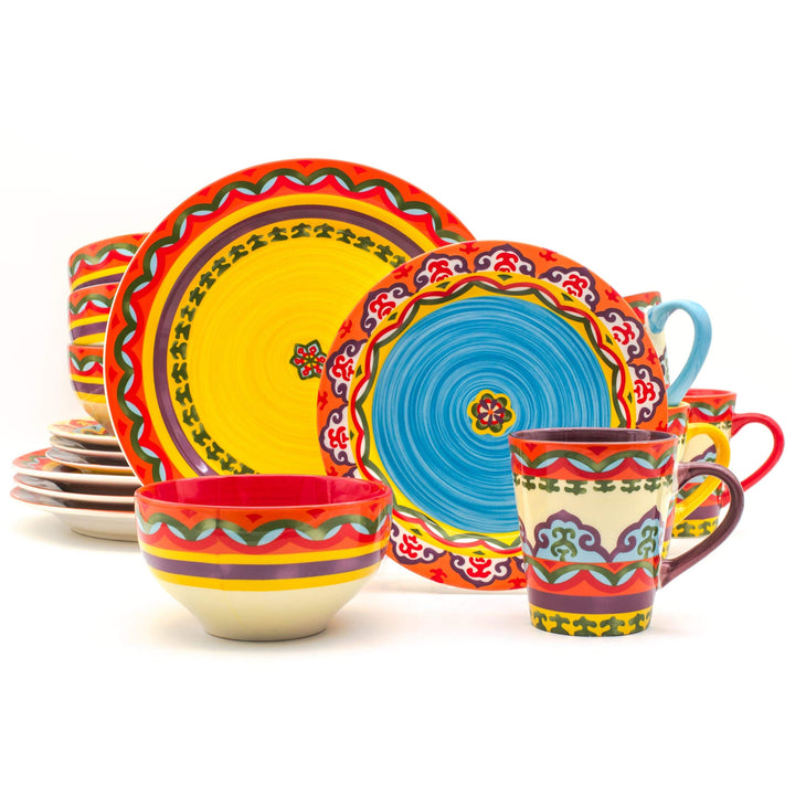 16-Piece Dinnerware Set (Service for 4) Blue Multi Color Yellow Geometric Casual - Diamond Home USA