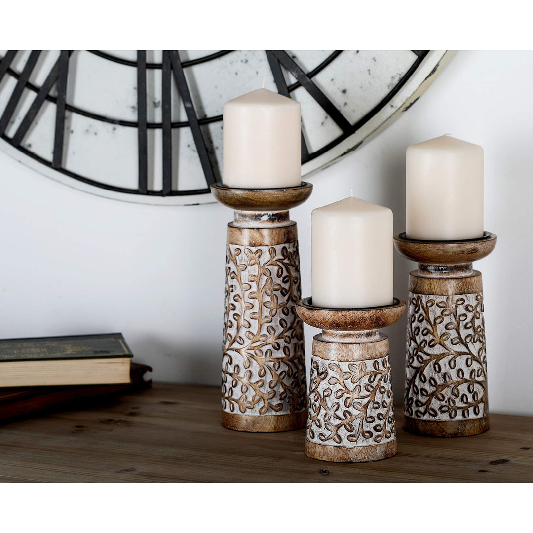 3-Piece Rustic Mango Wood Flourish-Patterned Candle Holder Set Brown Bohemian