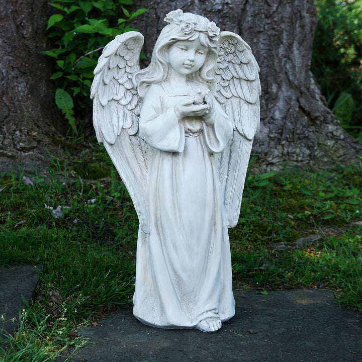 20.5" White Standing Angel Holding A Bird Outdoor Garden Statue Resin - Diamond Home USA