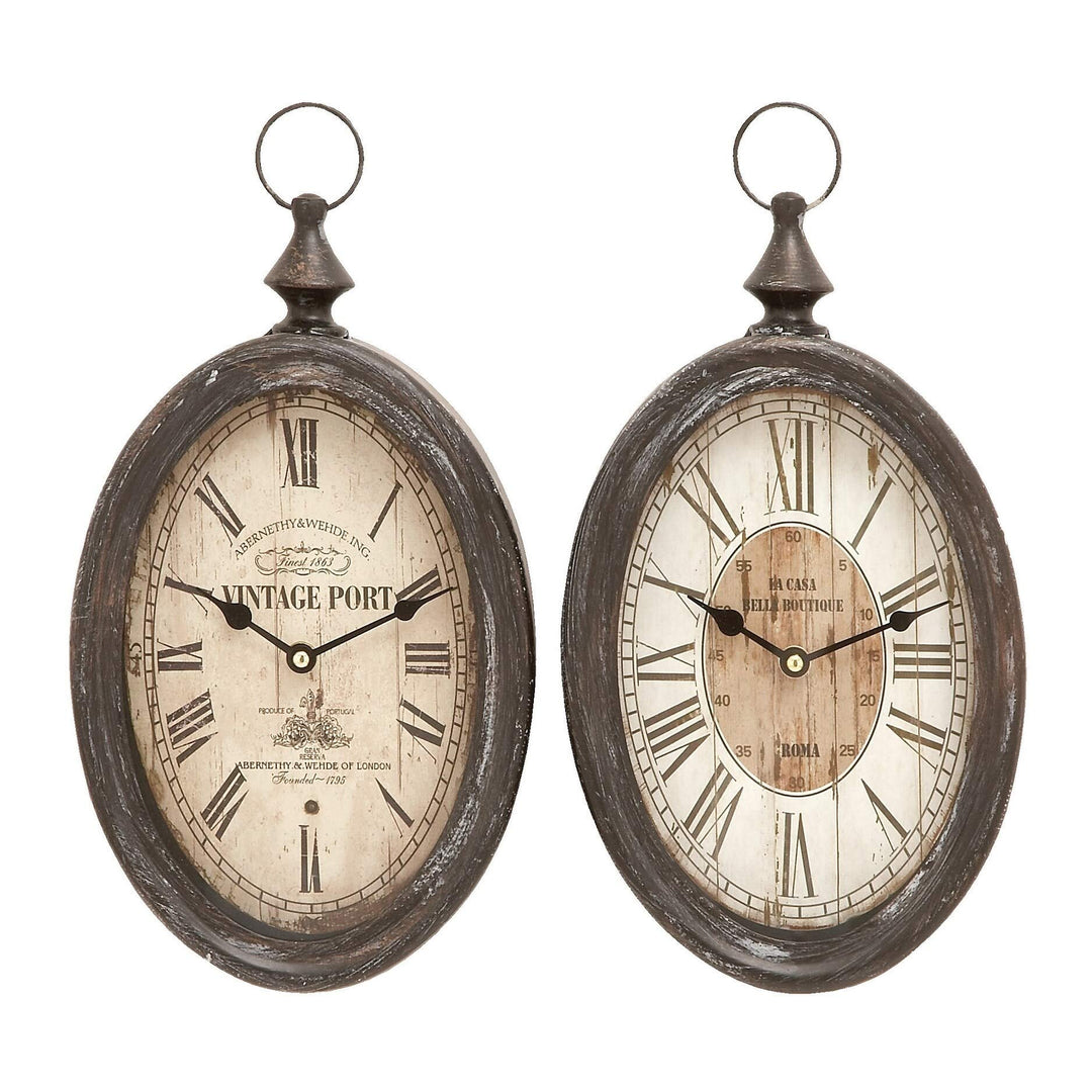Metal Wall Clock (Set of 2) Black Farmhouse Oval Iron Antique Roman Numeral - Diamond Home USA