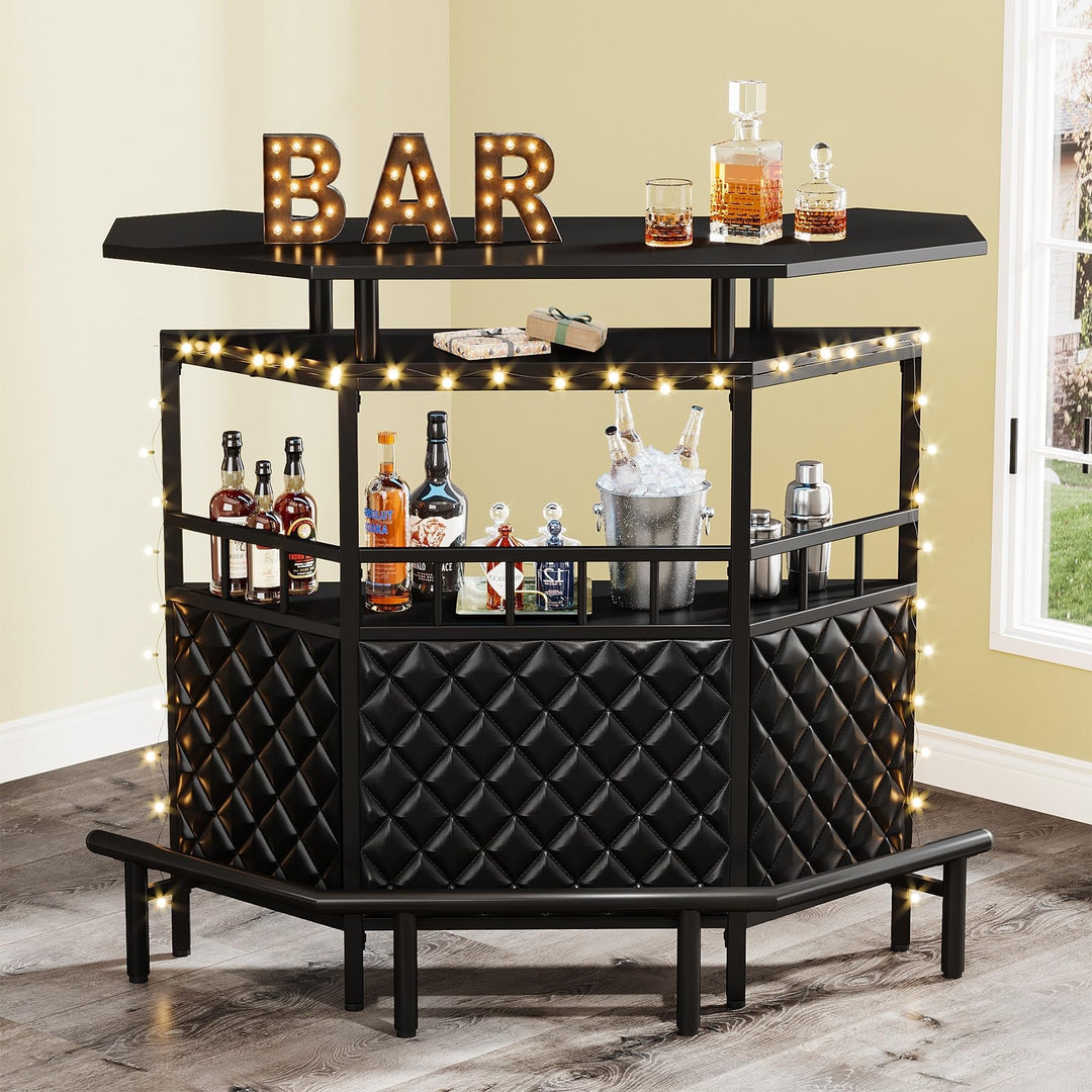 Home Bar Cabinet Mini Table with Storage Shelves and Footrest Wine Glass