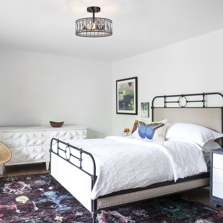 Modern 2-Light Crystal Drum Semi D12.5 x H 9.5" Black Mid-Century Contemporary - Diamond Home USA