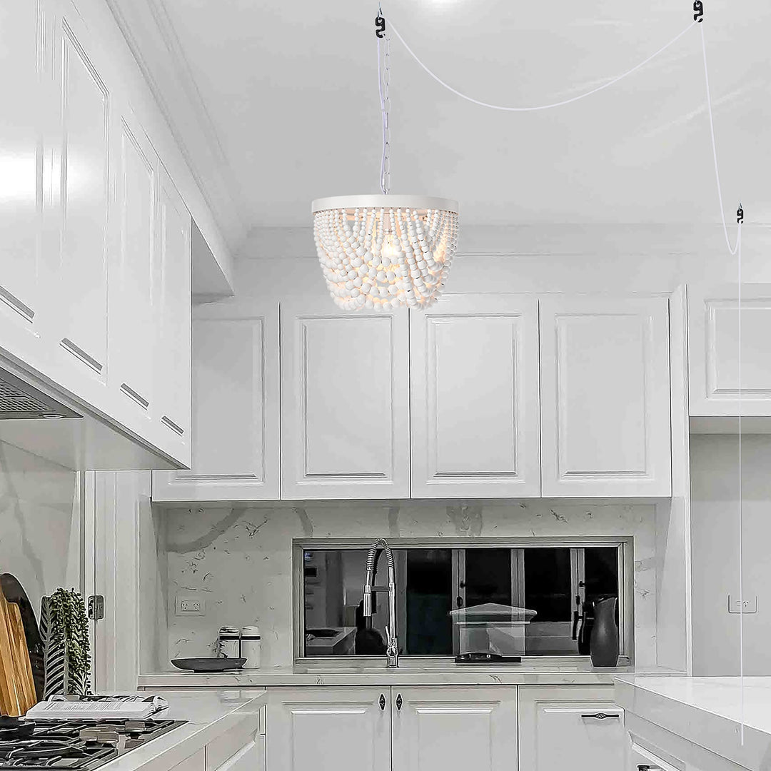 Boho Plug in Wood Beaded Chandelier 3-Light Bead Light White Bohemian Eclectic - Diamond Home USA