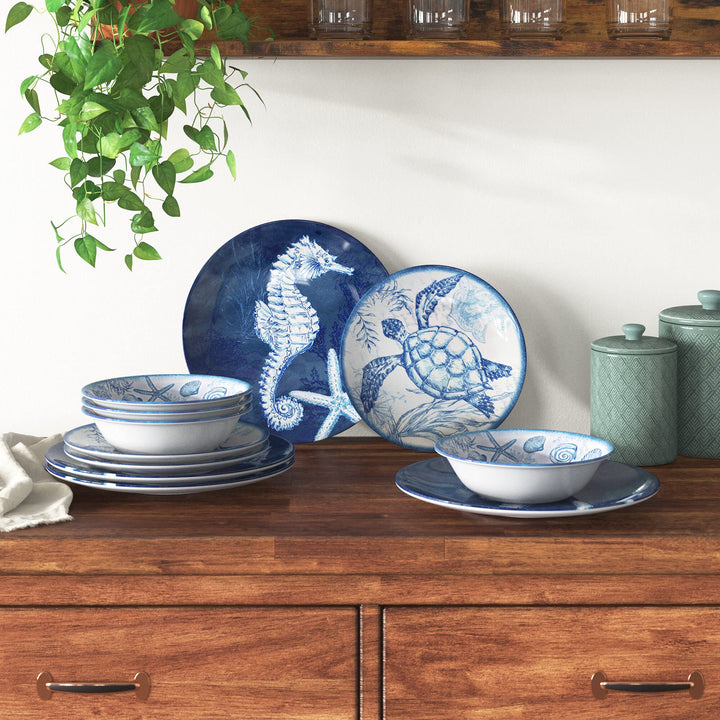 Certified International Oceanic 12 piece elamine Dinnerware Set Service for 4 - Diamond Home USA