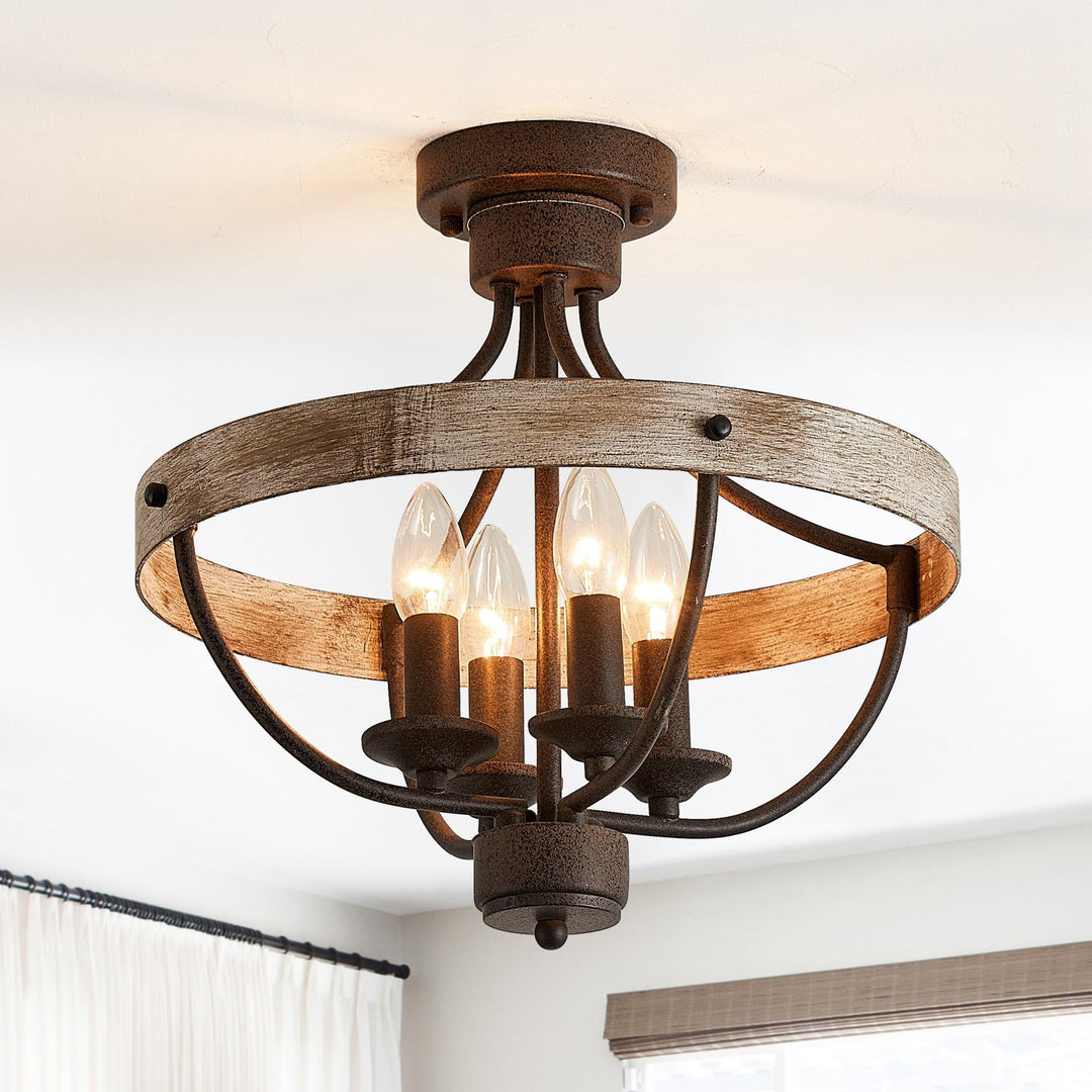 4-light Brown and Vintage Wood Semi-flush Mount Ceiling Light 15.35 in. W X D