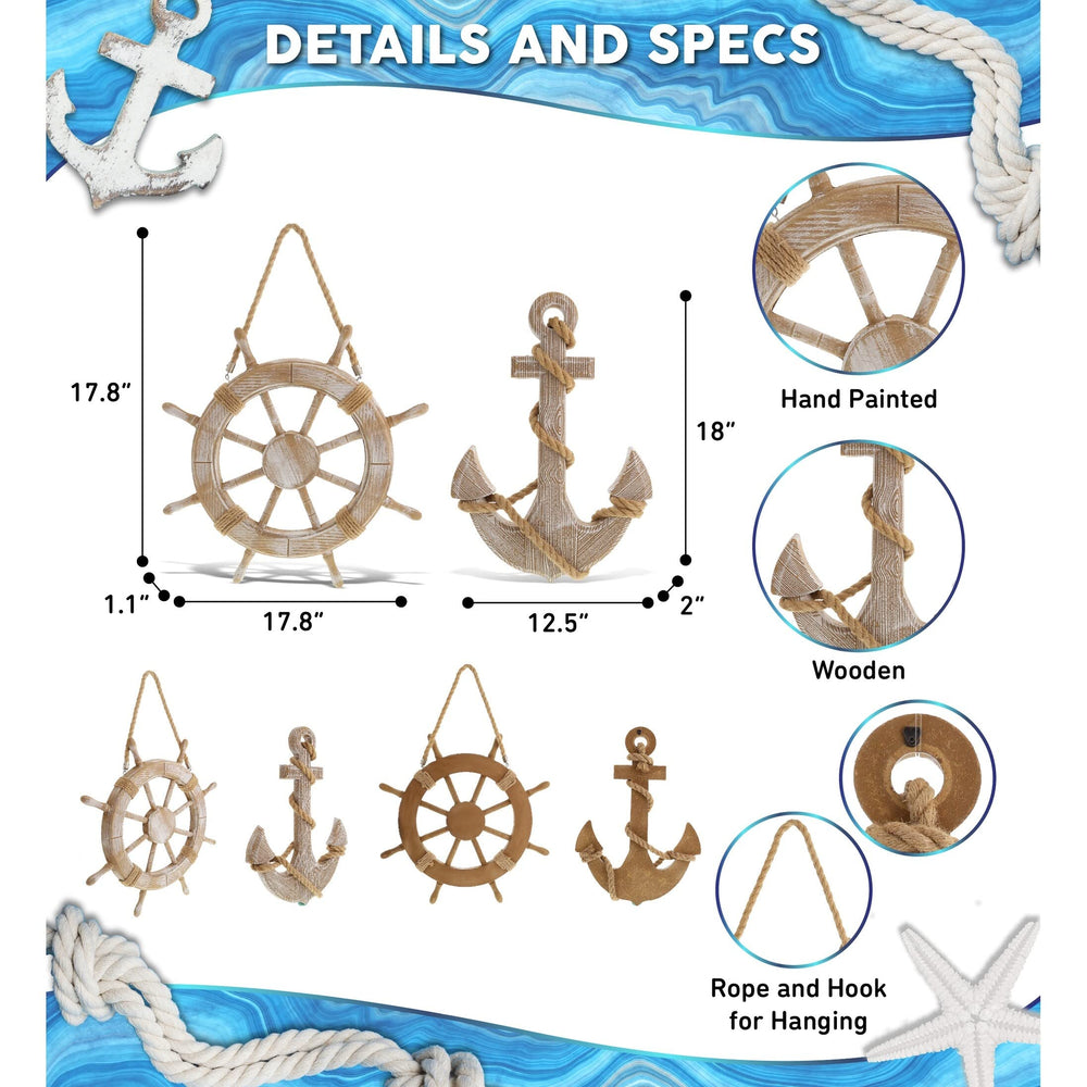 Beach Wall Anchor and Ship Wheel Set with Ropes 18 Inches Brown Wood Handmade - Diamond Home USA