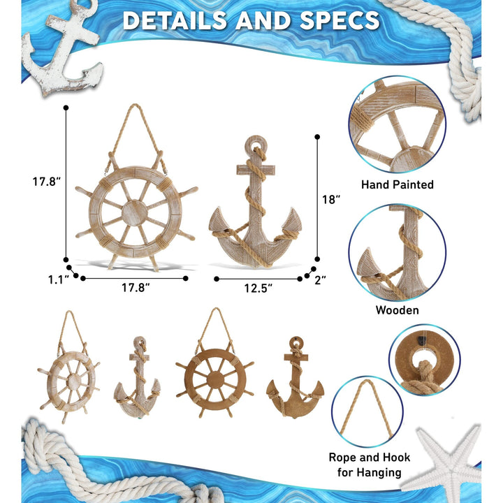 Beach Wall Anchor and Ship Wheel Set with Ropes 18 Inches Brown Wood Handmade - Diamond Home USA