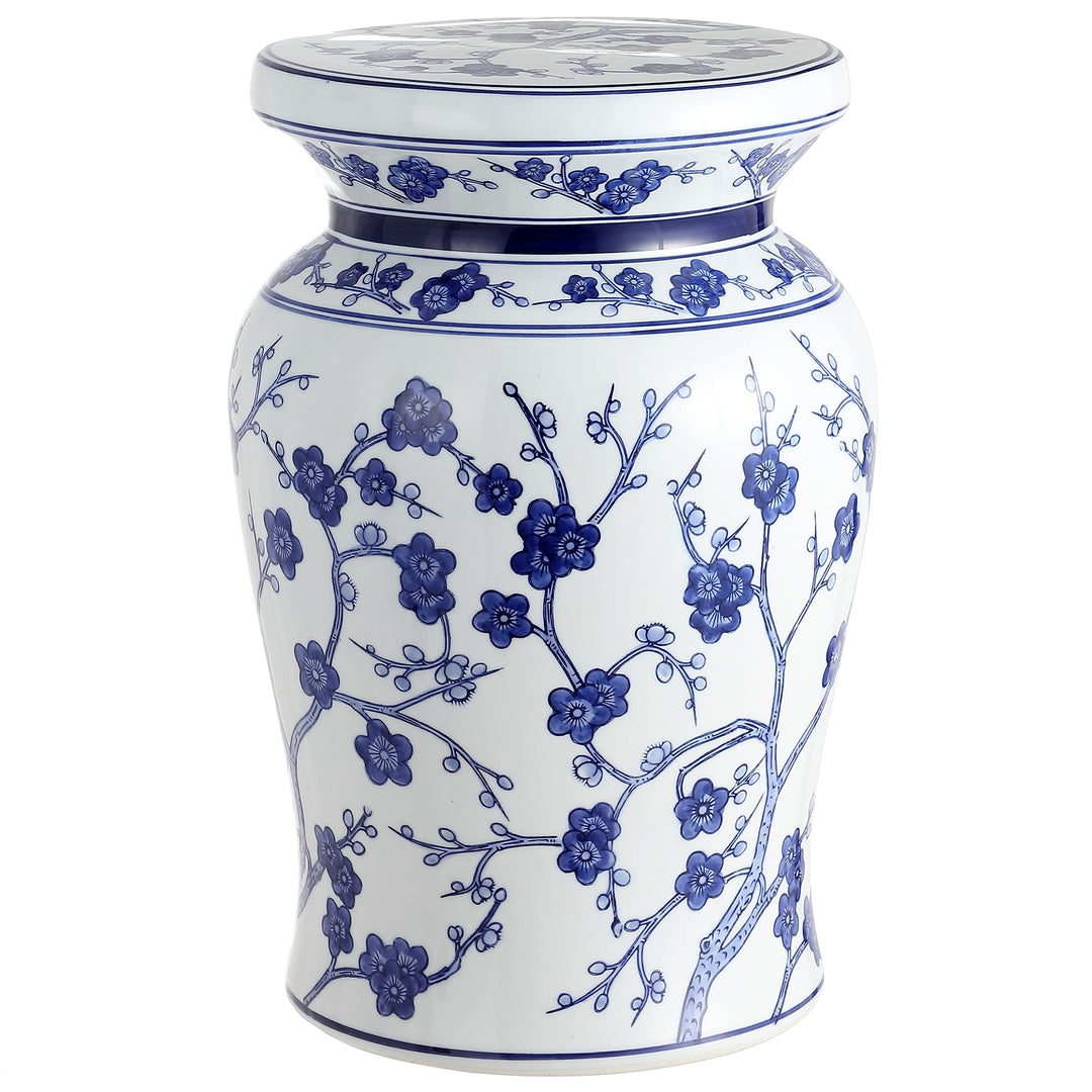Cherry Blossom 17.7" Ceramic Garden Stool White/Blue Blue White Oriental - Diamond Home USA
