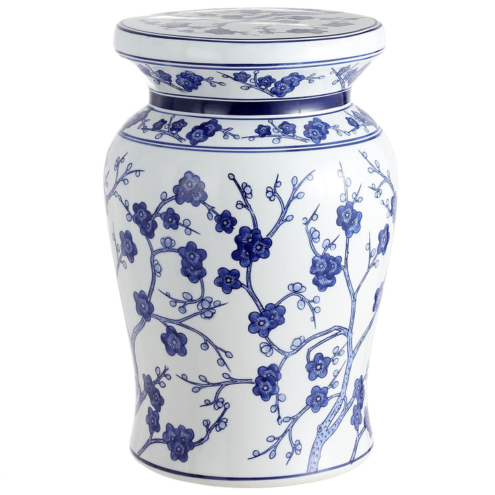 Cherry Blossom 17.7" Ceramic Garden Stool White/Blue Blue White Oriental - Diamond Home USA