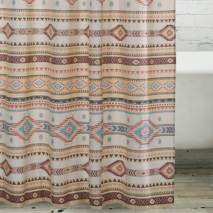 Tan Shower Curtain Red Chevron Geometric Striped Bohemian Eclectic Polyester - Diamond Home USA