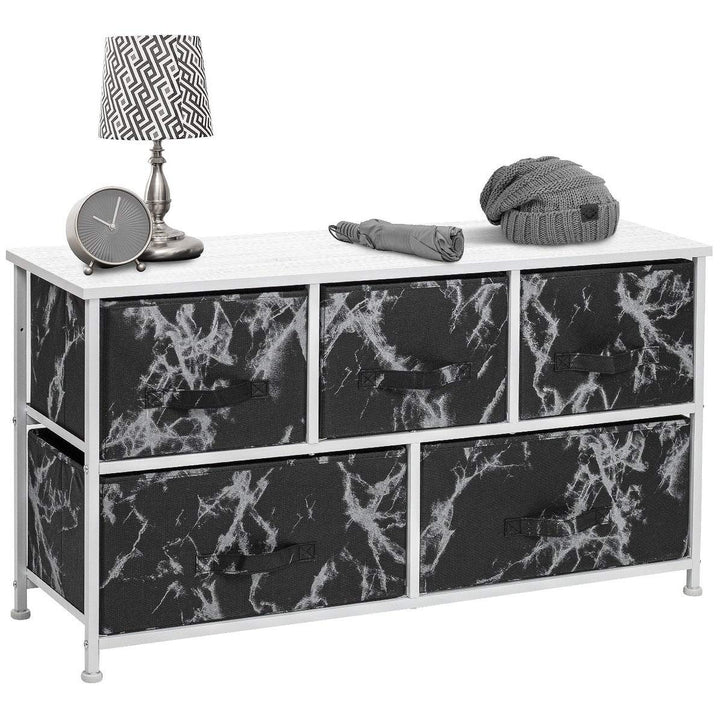 Black Marble Fabric/White Wood 5-Drawer Dresser Modern Contemporary Metal Medium - Diamond Home USA