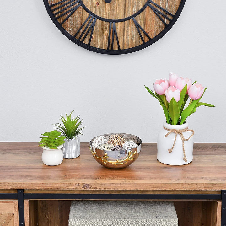 Two Tone Nickel Plated Decorative Serving Bowl With Gold Leaf Design Silver - Diamond Home USA