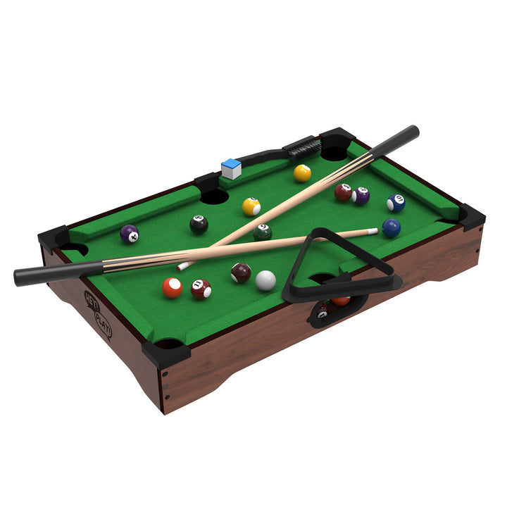 Mini Tabletop Pool Set- Billiards Game Includes Game Balls Sticks Chalk Brush