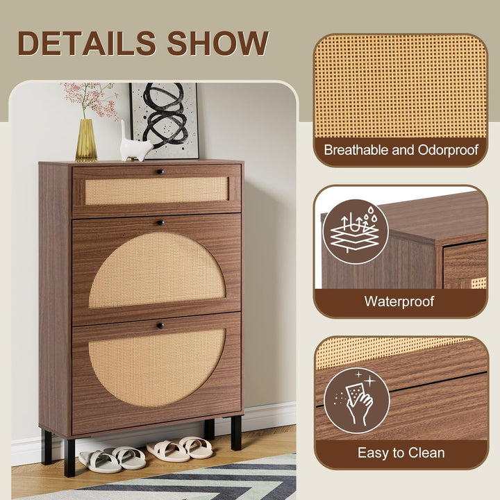 Rattan Shoe Cabinet Freestanding Rack Storage with Flip Drawers MDF Includes - Diamond Home USA