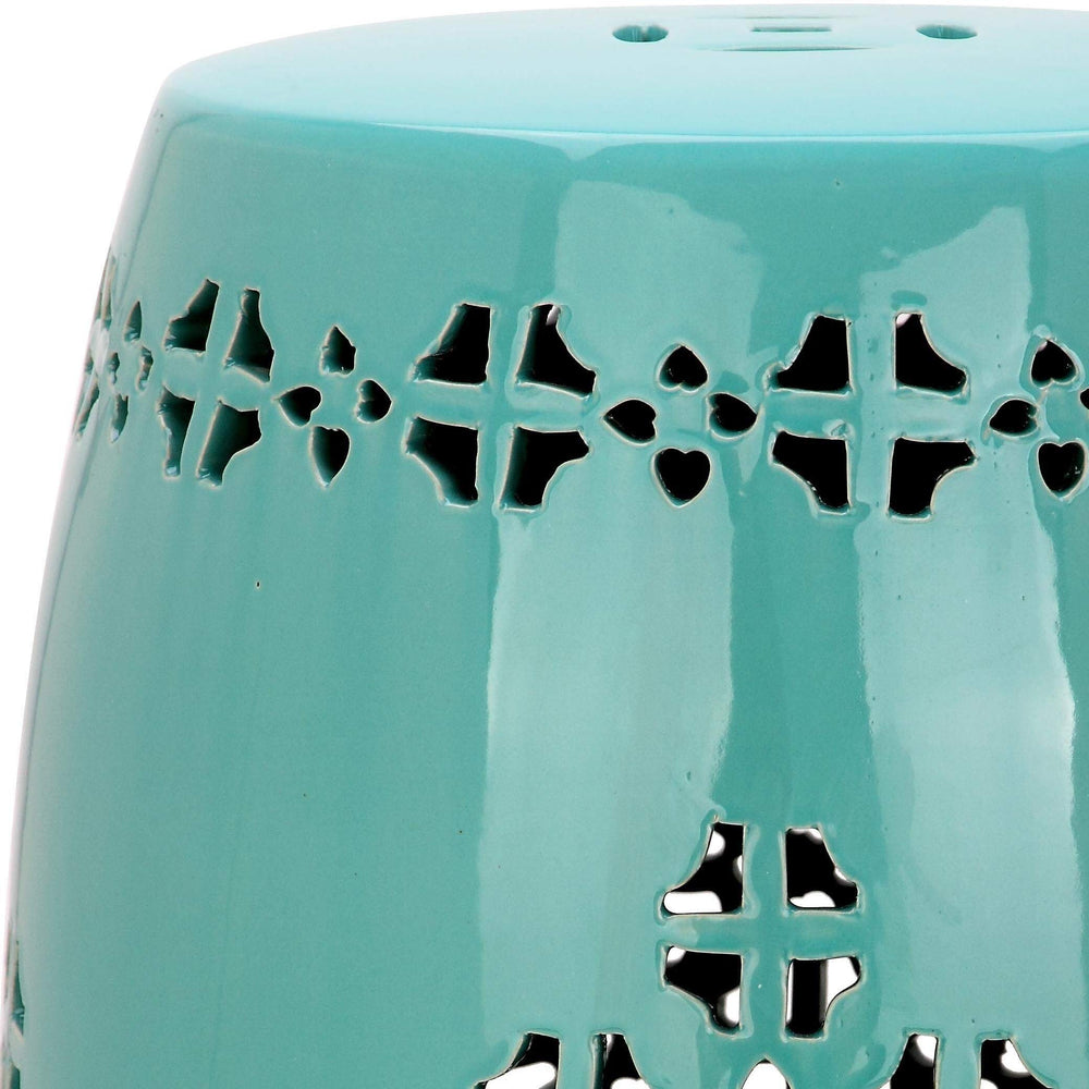 Quatrefoil Aqua Garden Stool - 14" X 18" Oriental Ceramic - Diamond Home USA