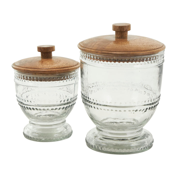 Clear Glass Beaded Decorative Jars with Wood Lids Set of 2 8" 7" h - Diamond Home USA
