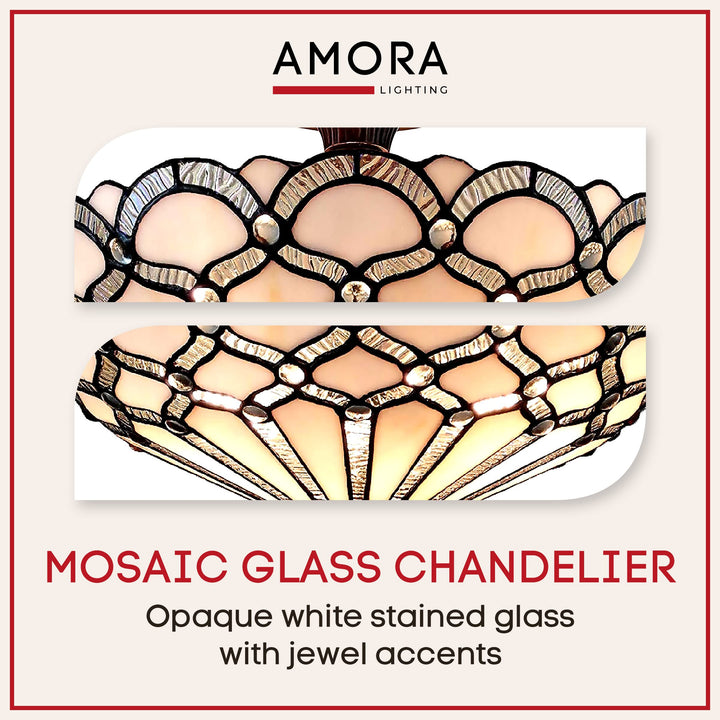 Amora Vintage Tiffany Style Ceiling Lamp - 17” Wide White Jeweled Stained - Diamond Home USA