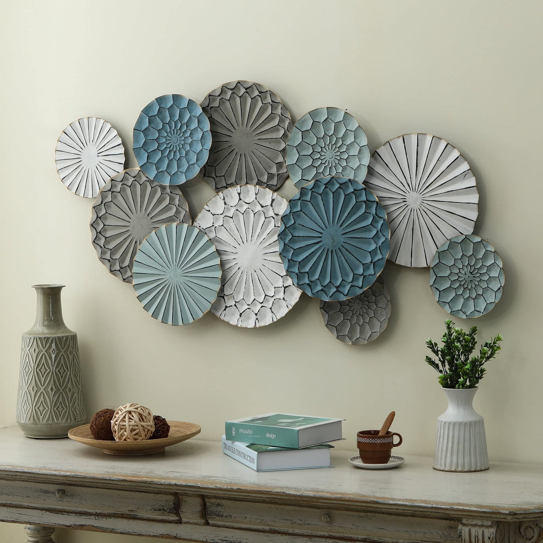 Metal Floral Pattern Round Discs Abstract Wall Art Blue Grey White Modern - Diamond Home USA