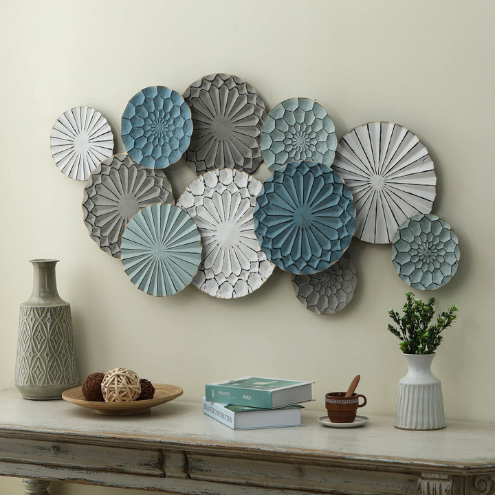 Metal Floral Pattern Round Discs Abstract Wall Art Blue Grey White Modern - Diamond Home USA
