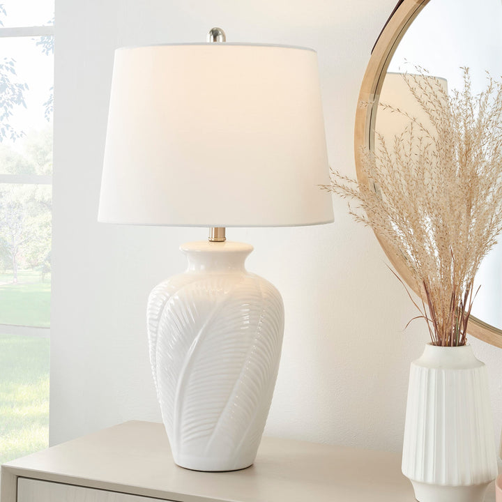 26" White Textured Ceramic Urn Table Lamp Bohemian Eclectic Nautical Coastal - Diamond Home USA