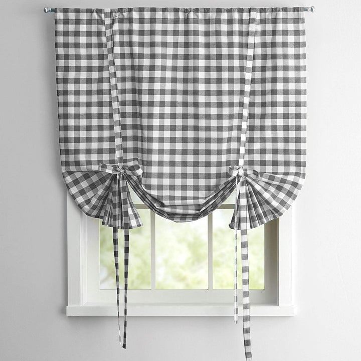 Grey White Buffalo Check Tie Up Shades for Kitchen Bathroom Plaid Tie-iup Window Grey - 63 Inch