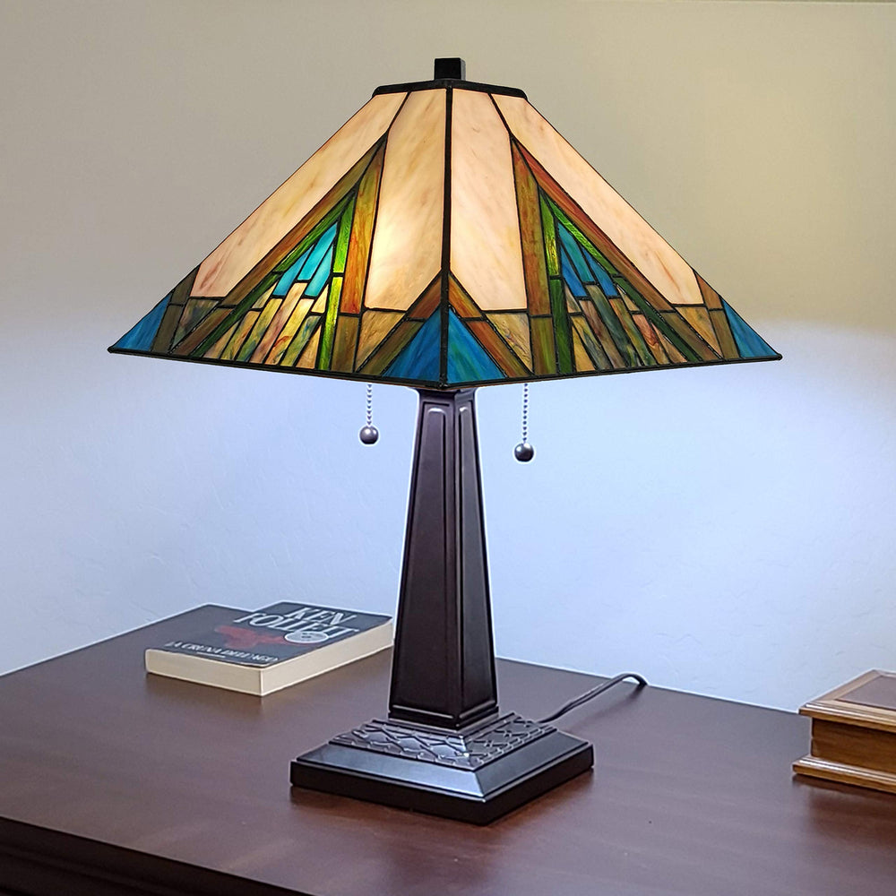 Tiffany Style Table Lamp Banker Mission 22" Tall Stained Glass Ivory Green - Diamond Home USA