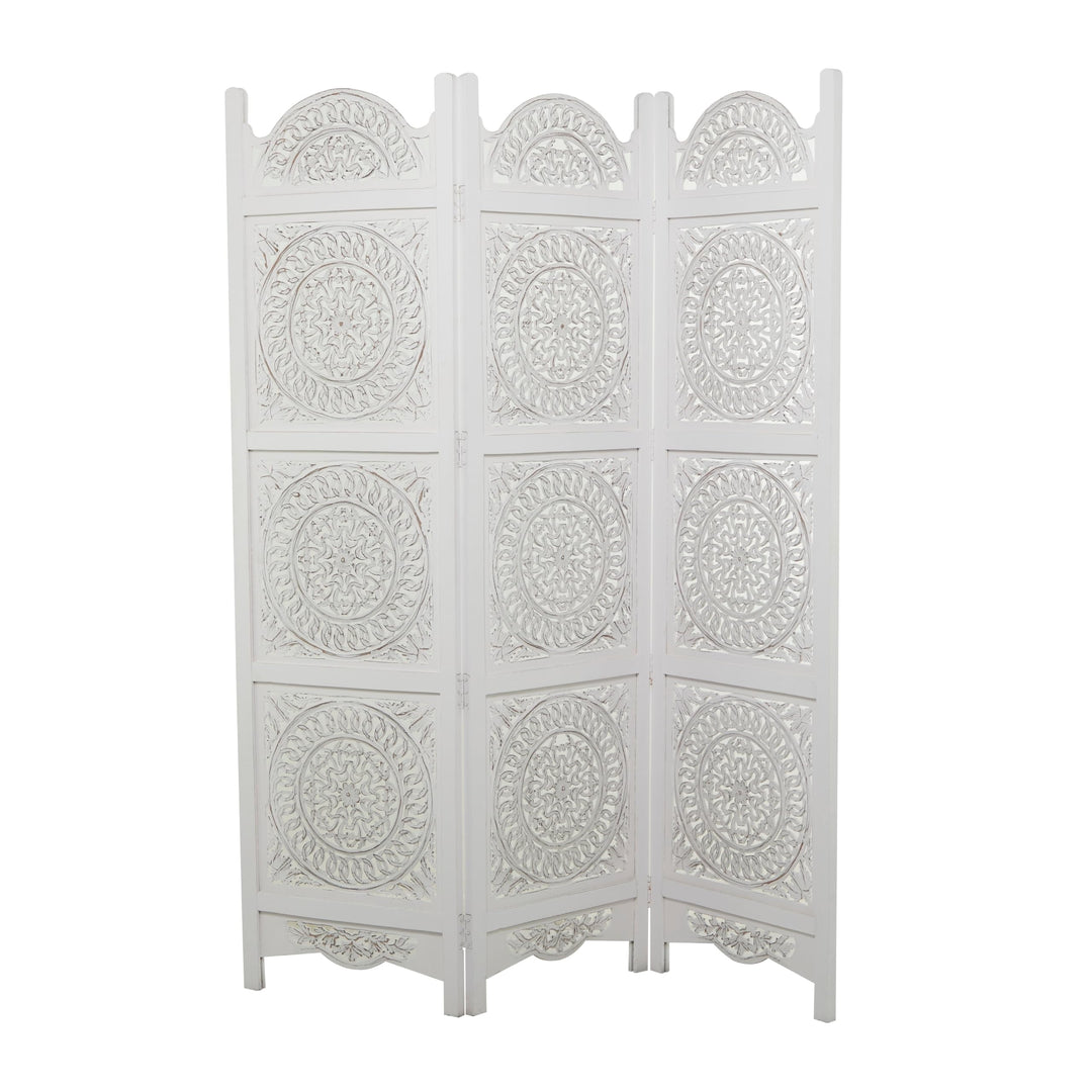 White Wood Hinged Foldable Partition 3 Panel Floral Room Divider Screen with - Diamond Home USA