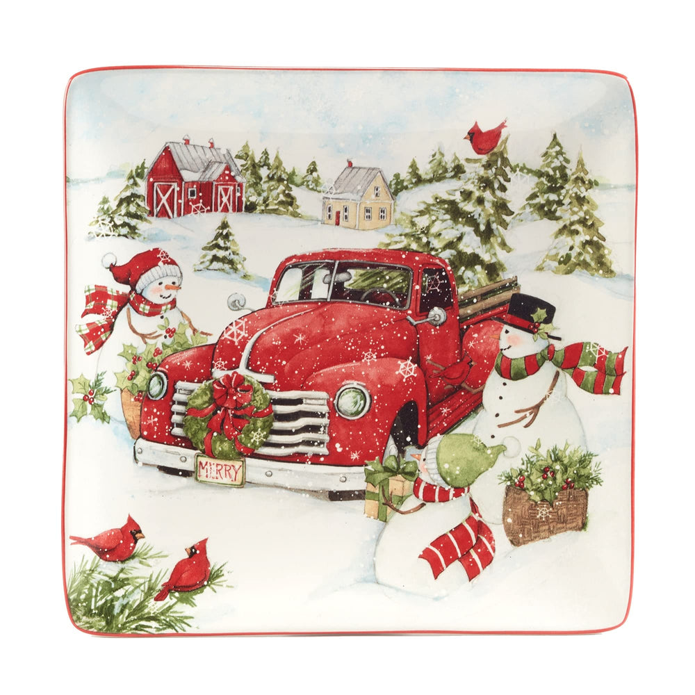Red Truck Snowman 10.25" Dinner Plates Set Of 4 Multi Color White Holiday Casual - Diamond Home USA