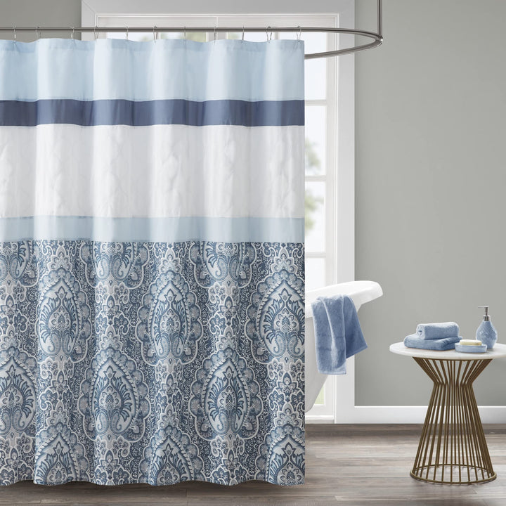 510 DESIGN Shawnee Shower Curtain Geometric Textured Embroidery Design with Blue