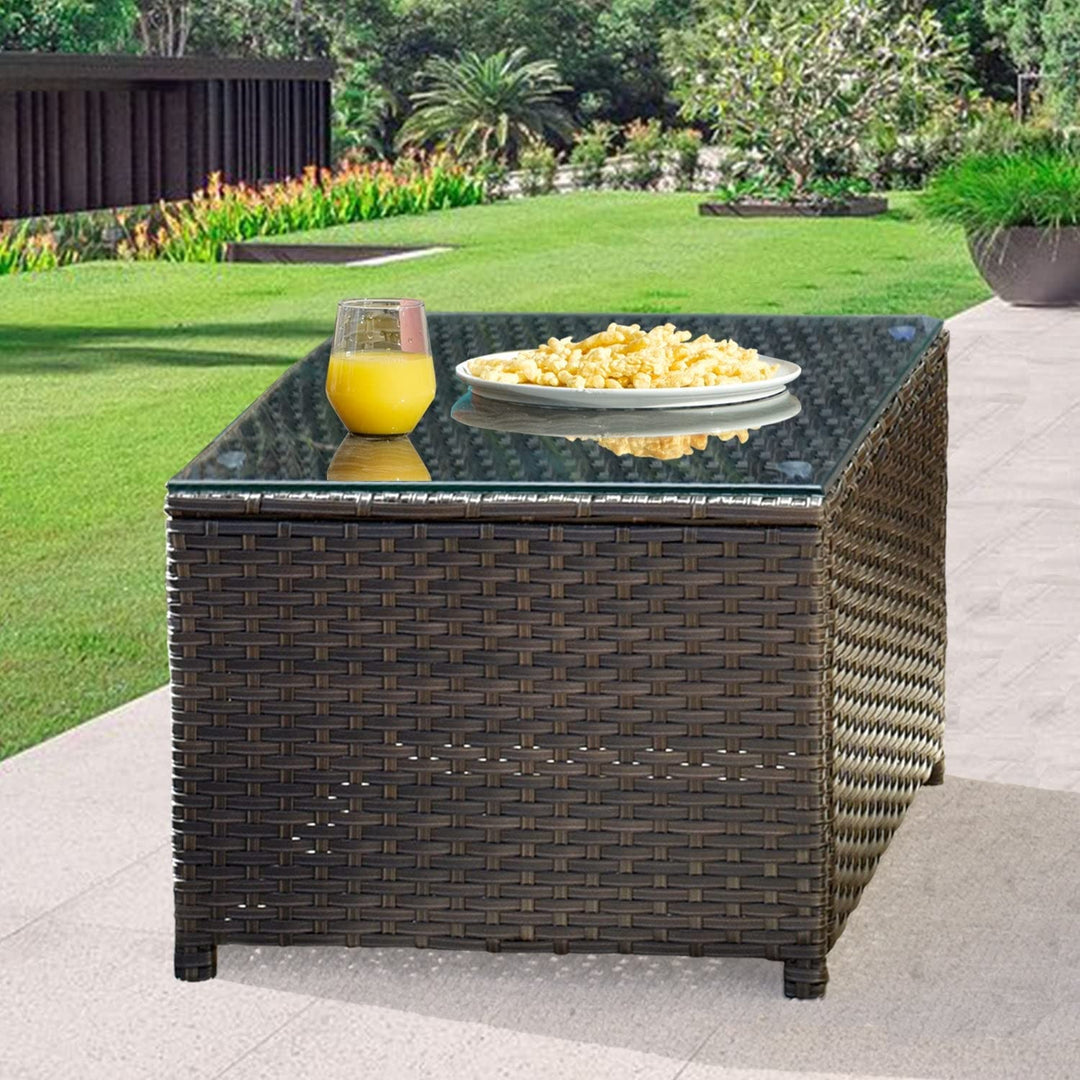 Garden Outdoor Wicker Coffee Table with Glass Top Brown Modern Contemporary