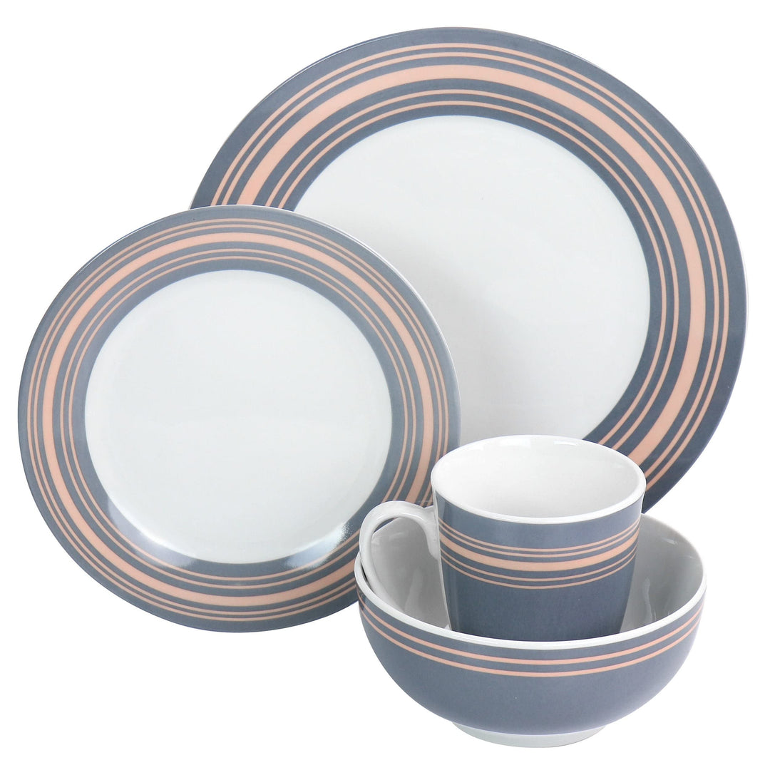 Silver Wind 16 Piece Fine Ceramic Dinnerware Set In Grey And Pink Border - Diamond Home USA