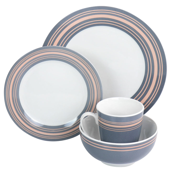 Silver Wind 16 Piece Fine Ceramic Dinnerware Set In Grey And Pink Border - Diamond Home USA