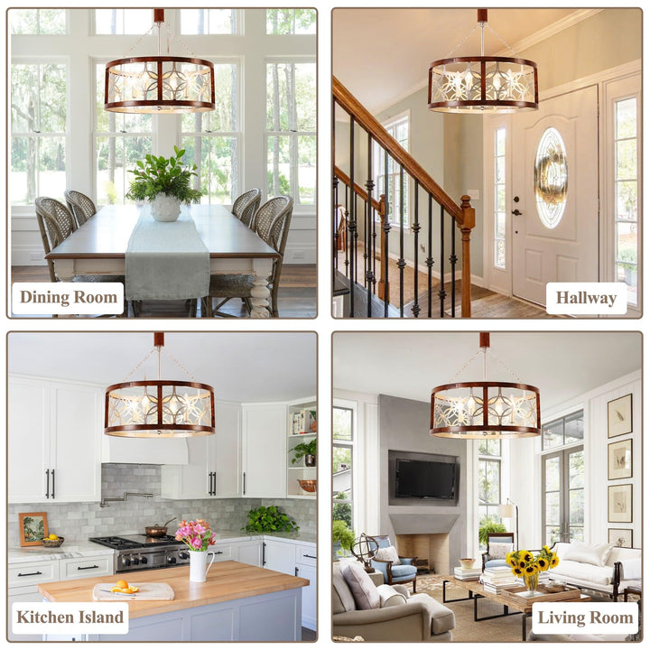 Cusp Barn 4-Light Rustic Wood Chandelier Shabby Hanging Lamp Farmhouse Drum Chrome - Diamond Home USA