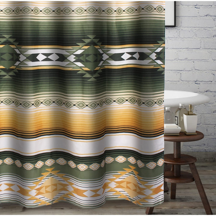 Bath and Shower Curtain Gold Green White Geometric Striped Cabin Lodge Rustic - Diamond Home USA