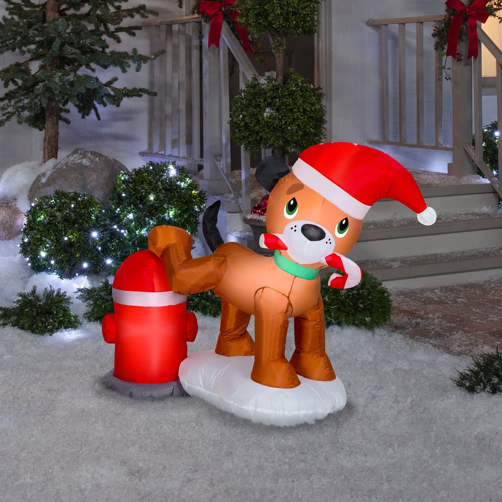 4 Ft. Inflatable Puppy Dog and Fire Hydrant Ft Red Christmas Animals Polyester - Diamond Home USA