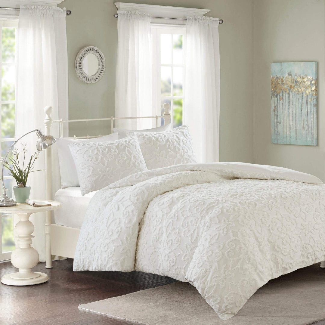 White nille Duvet Cover King/Cal King Set Tufted Bedding Floral Medallion - Diamond Home USA