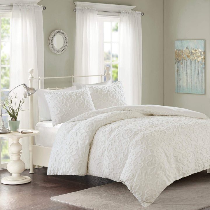 White nille Duvet Cover King/Cal King Set Tufted Bedding Floral Medallion - Diamond Home USA