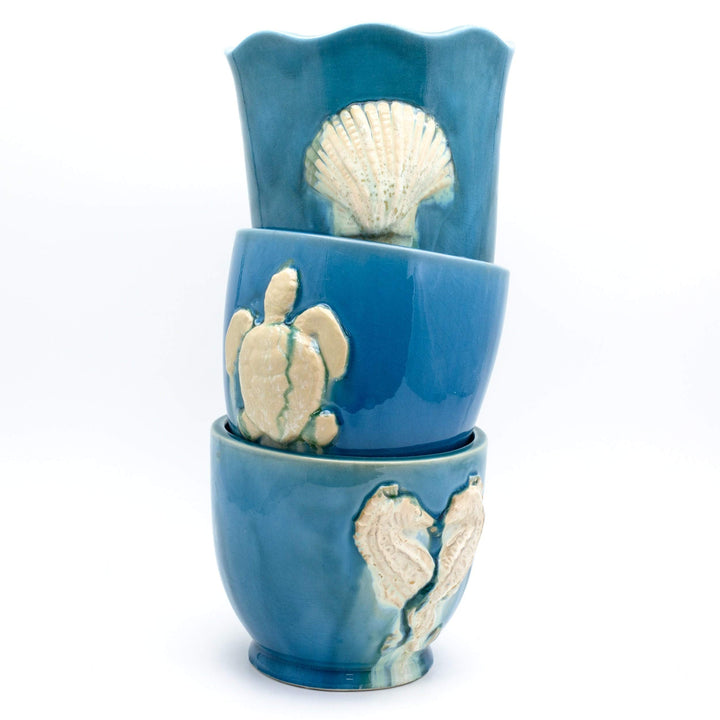 Aqua Seashell Planter Multi Color Nautical Coastal Round Stoneware - Diamond Home USA