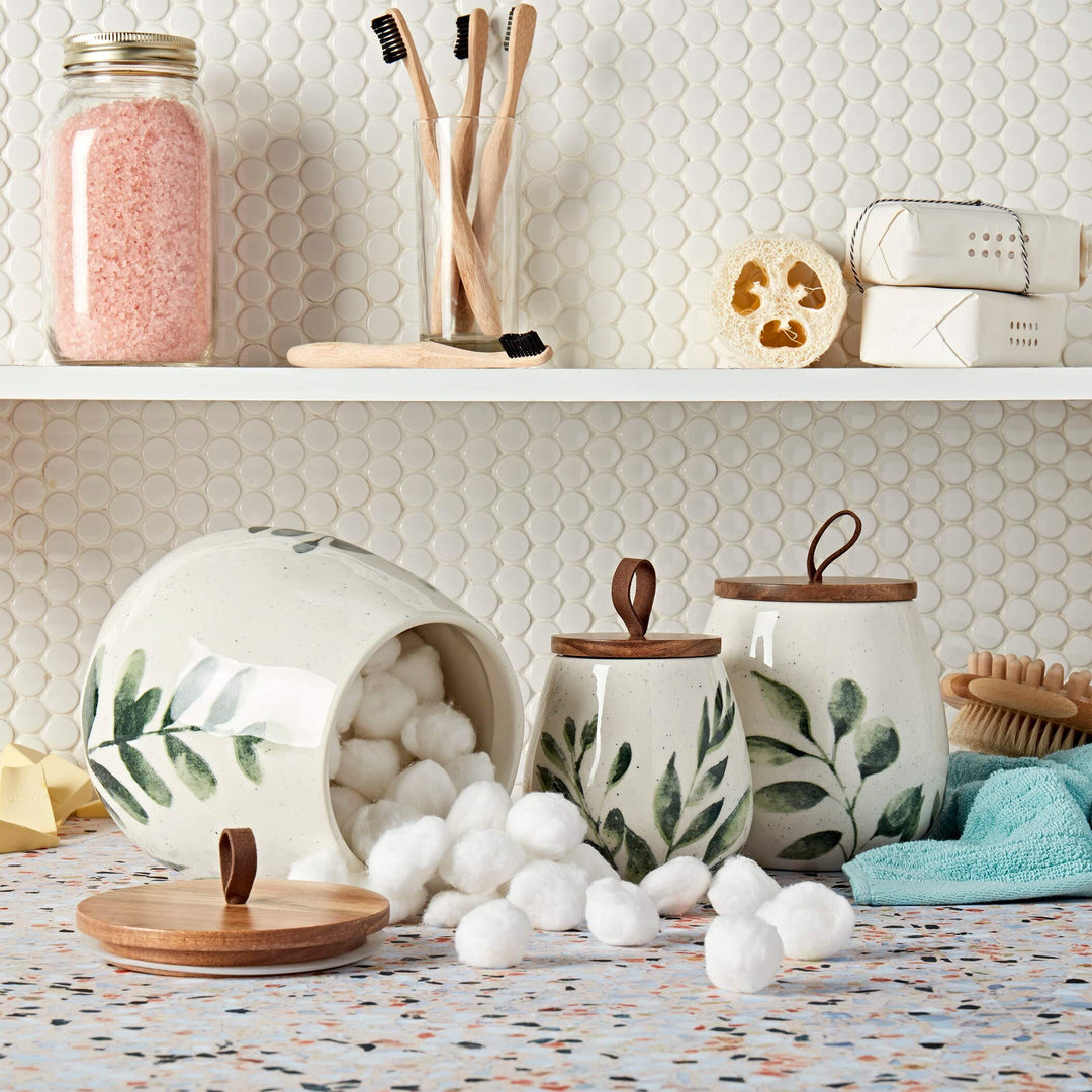 Tabletops Gallery 3pc Green Leaf Canisters with Acacia Wood Lid Multi Color - Diamond Home USA