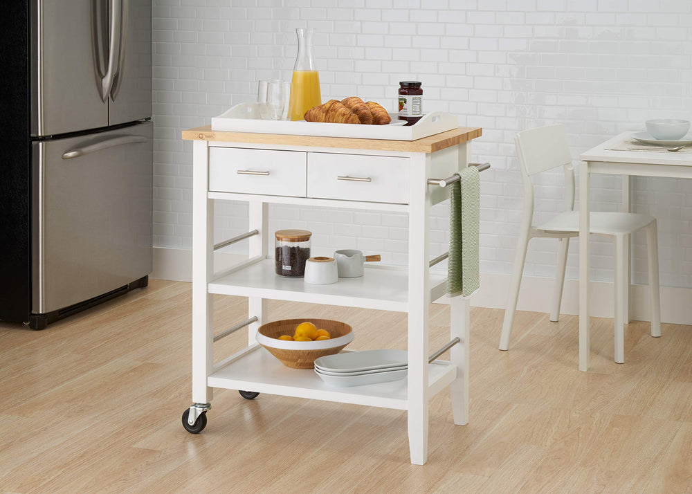 TRINITY 30-Inch Wood Kitchen Coffee Cart with Drawers Wheels and Two Shelves - Diamond Home USA
