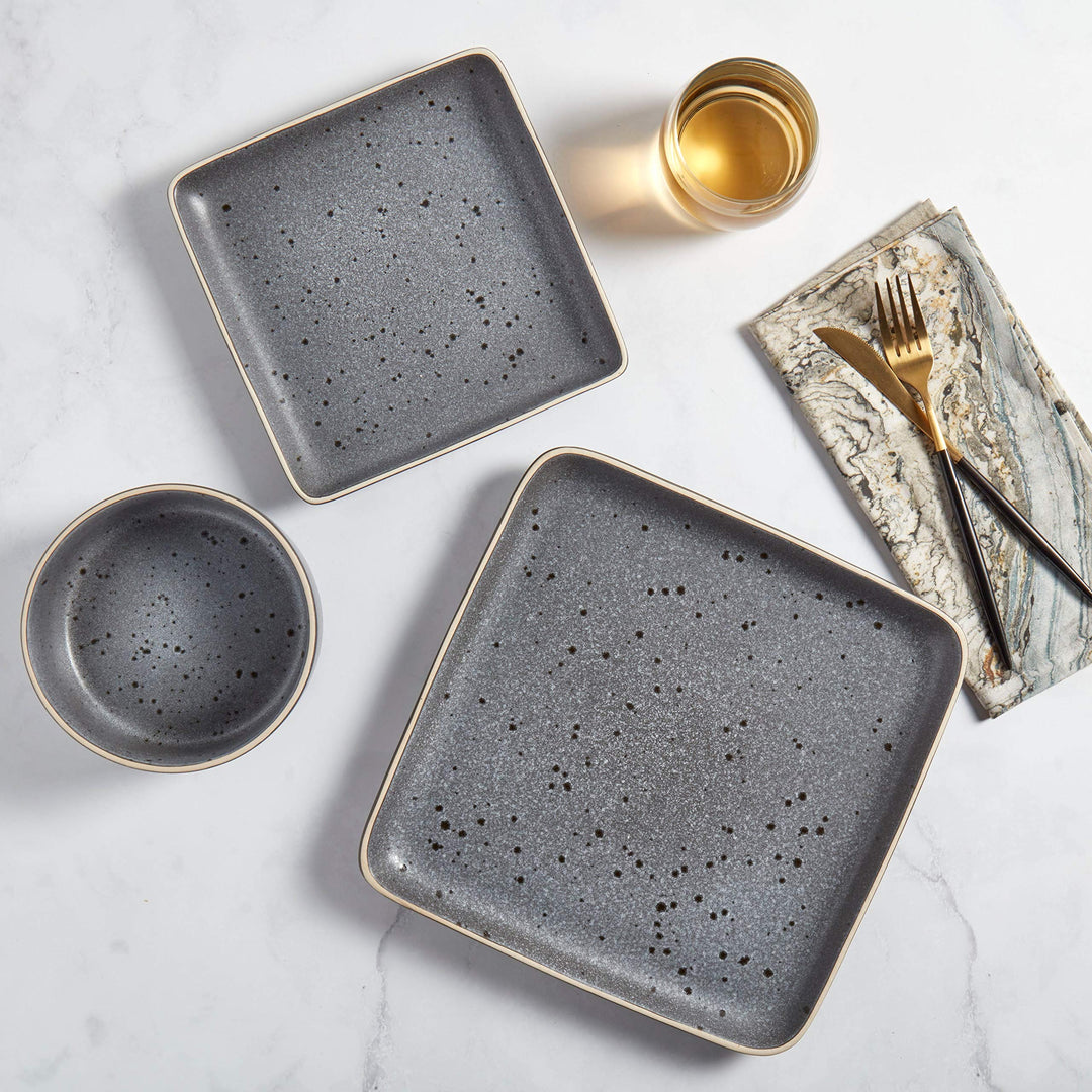 Tabletops Gallery 12pc Grey Square Dinnerware Set Solid Casual Stoneware 12 - Diamond Home USA