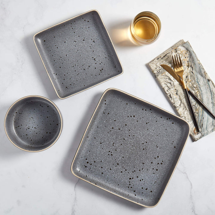 Tabletops Gallery 12pc Grey Square Dinnerware Set Solid Casual Stoneware 12 - Diamond Home USA