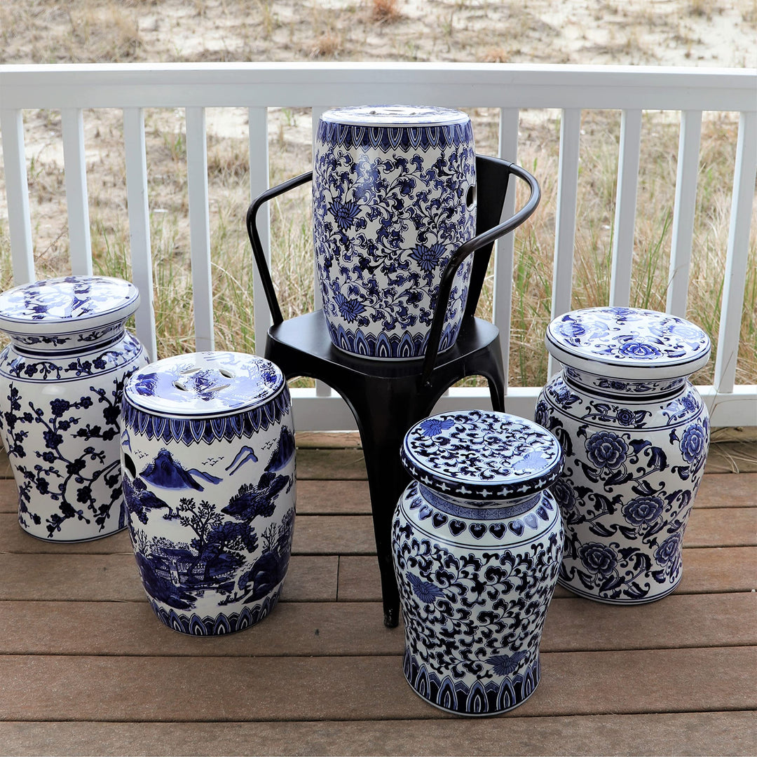 Euro Ceramica Claybarn Blue Garden Porcelain 16" Decorative Lotus Podium Stool Medium - Diamond Home USA