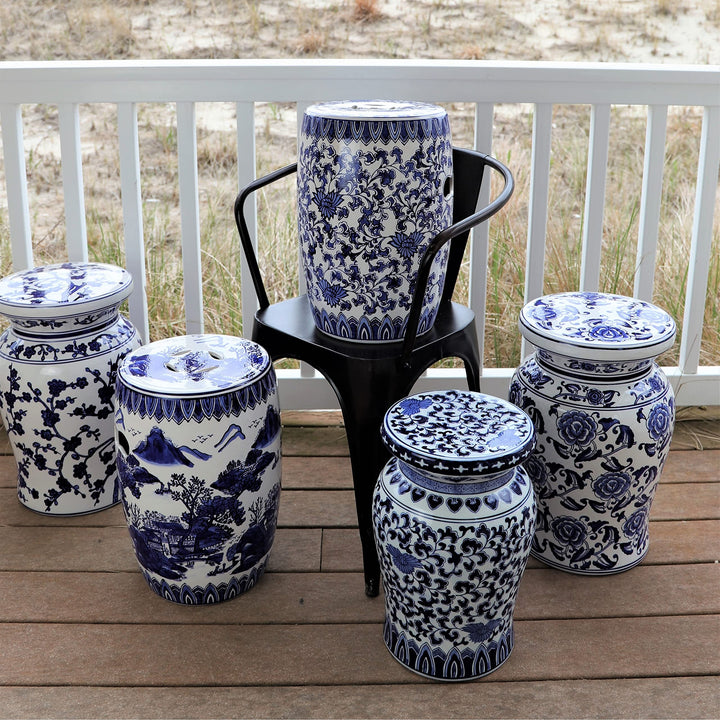 Euro Ceramica Claybarn Blue Garden Porcelain 16" Decorative Lotus Podium Stool Medium - Diamond Home USA