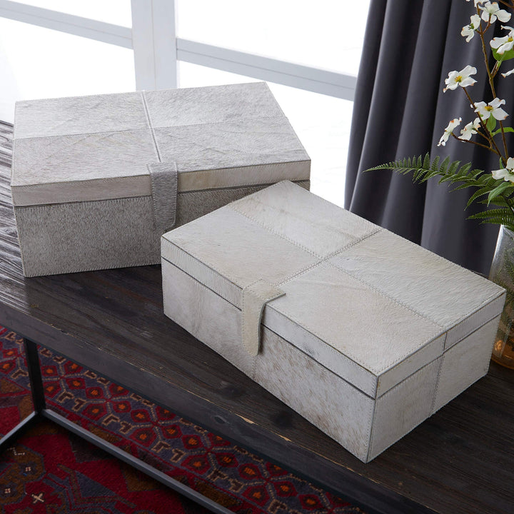 Set Of 2 Natural 17 And 14 Inch Leather Boxes By Black Modern Contemporary Grey